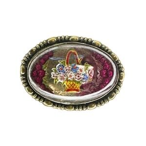 ANTIQUE Edwardian Reverse Painted Floral Basket Motif Brooch • brass / gold tone